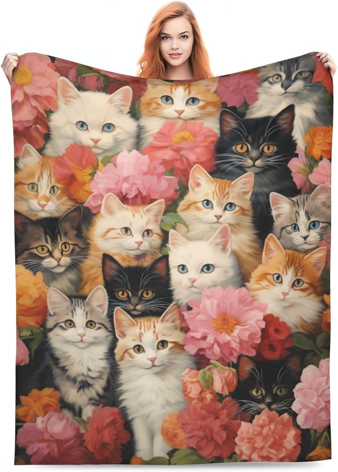 Cute Cat Blanket Gifts for Cat Lovers Girls Women Kitten Floral Flannel Throw Blankets for Home Couch Bed Sofa Soft Fuzzy Lightweight Decor All Season 80x60 Inches