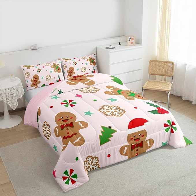 Feelyou Merry Christmas Kids Comforter Set Toddler Size Gingerbread Man Bedding Set Xmas Tree Duvet Quilt for Kids Boys Girls Bedroom Red Berries Snowflake Decor Microfiber Ultra Soft Breathable