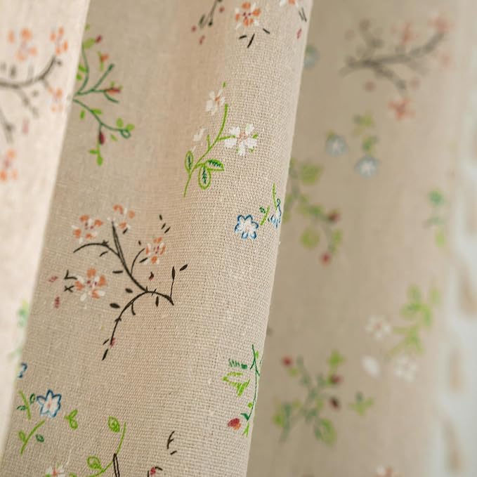 Floral Farmhouse Curtains Closet Semi-Blackout Living Room Drapes 63 Inch Length Cotton Linen Blend Short Bohemian Window Curtain Panels with Tassel Beige Rod Pocket Bedroom Drapes, 1 Panel