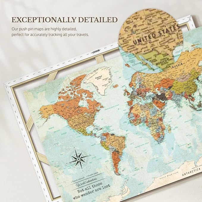 ElephantStock - Personalized Wanderer Push Pin World Map Wall Art - Horizontal Canvas Wall Art - Living Room Wall Decor - Digital Art Map Canvas Art - Orange And Blue Decor - 45" x 30"