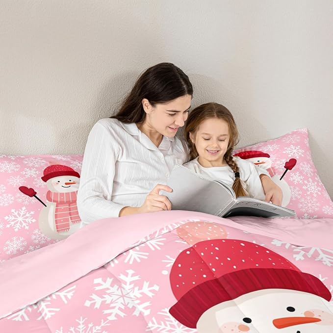 Feelyou Christmas Bedding Set Soft for Boys Girls, Snowman Pink Comforter Set Queen Size Xmas Snowflakes Duvet Quilt Microfiber Winter Snow Bedroom Decor 3 Pcs with 2 Pillow Cases