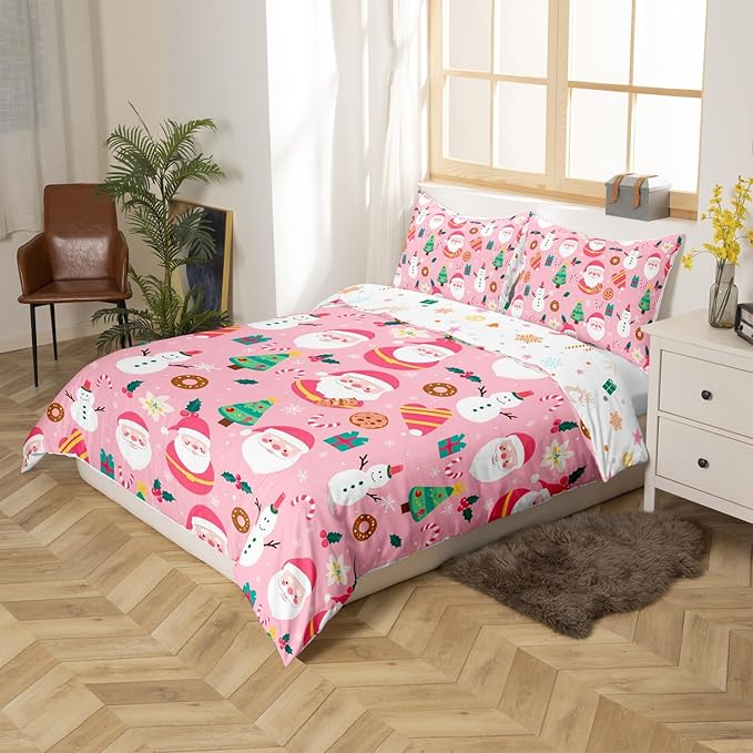 Feelyou Christmas Santa Comforter Cover Twin Size Cute Snowman Duvet Cover Xmas Holiday Bedding Set Gifts for Kids Boys Girls,Christmas Tree Snowflake Candy Decor 1 Pillow Case Pink
