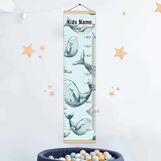 Personalized Kids Name Growth Chart Ruler for Wall Wood Frame Height Measure Chart 13.4x56 in Linen Hanging Height Growth Chart Ocean Dolphin Fish Kids Room Decor