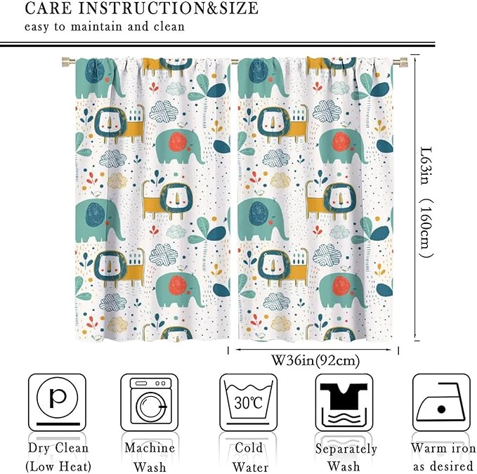 Cute Lions Blackout Curtains for Kids Bedroom,Cartoon Tropical Plants Birds Elephants Print Pattern Window Drapes,Funny Animal Thermal Insulation Curtain for Nursery Baby Room 72x63in