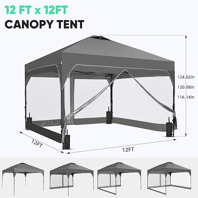 GDY 12x12FT Pop Up Canopy Tent with One Push Setup, Easy Setup Gazebo with 4 PVC Transparent Sidewalls for Events, Parties, Camping, Grey.