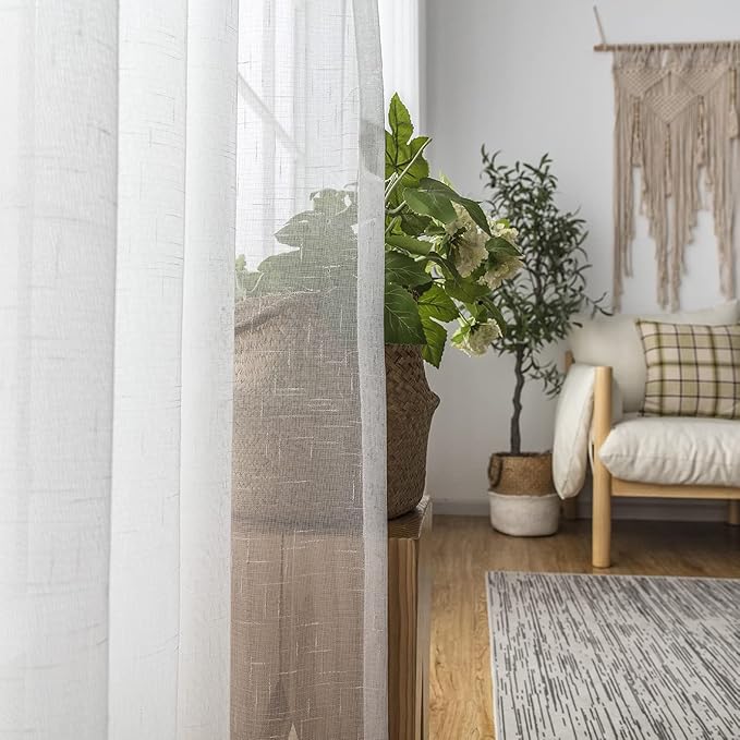 Off White Pinch Pleated Sheer Curtains 90 Inch 2 Panels Custom Long, Thin Textured Linen Look Living Room Drapes Window, Ivory Sliding Glass Door Curtain with Rings & Hooks & Back Tab