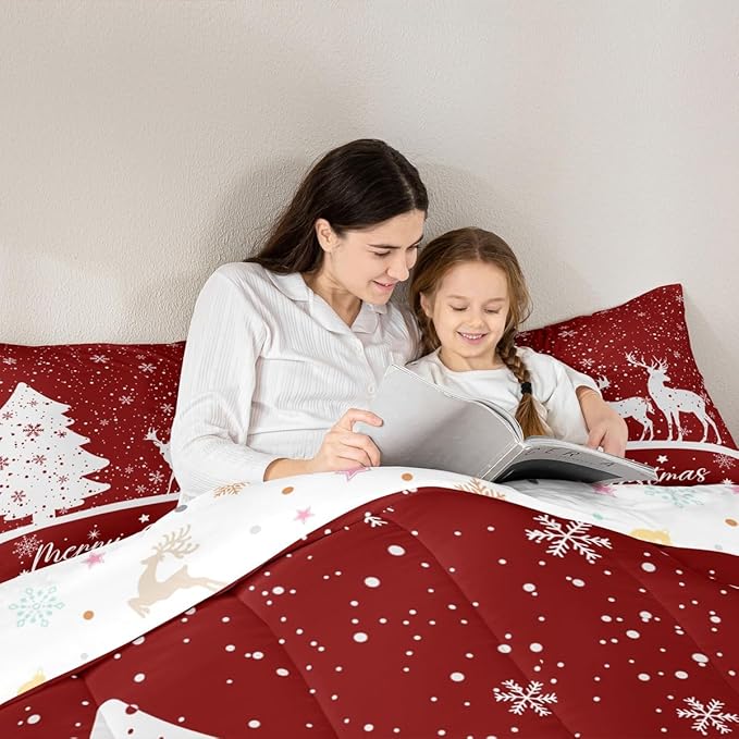 Merry Christmas Kids Comforter Set King Size,Deer Elk Pine Trees Bedding,Girls Boys Adults Bedroom/Xmas Cabin Decor,Snowflake Romantic Down Comforter,Rustic New Year Red Duvet Insert,2 Pillowcases