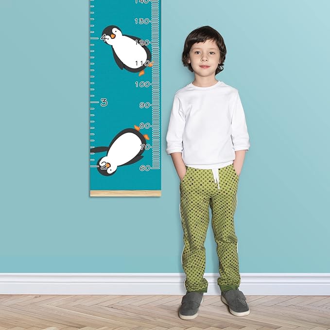 Personalized Kids Name Growth Chart Ruler for Wall Wood Frame Height Measure Chart 13.4x56 in Linen Hanging Height Growth Chart Penguin Blue Kids Room Decor