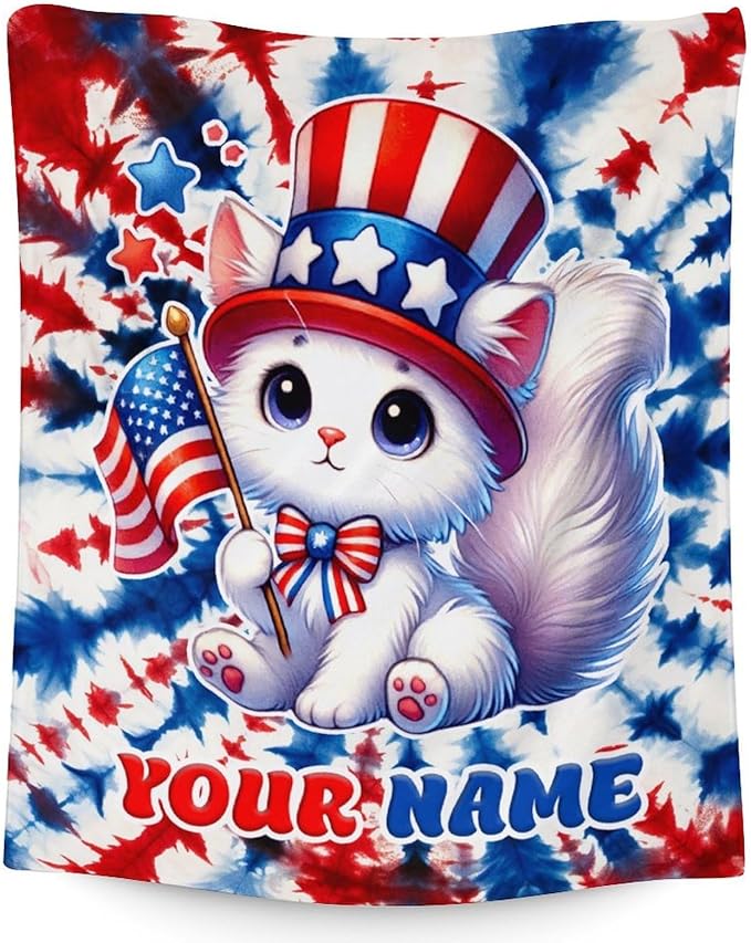 Blanket Gifts for Girls - 30" x 40" Inches Custom Cat Throw Blankets for Cat Lovers - Soft Warm American Flag Throw for Sofa, Bed & Living Room
