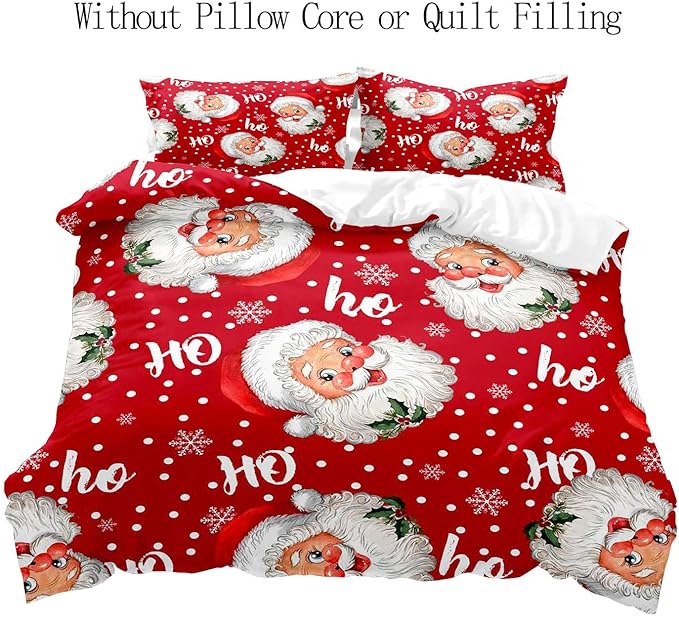LUVIVIHOME 3PCS Santa Claus Duvet Cover Full Bedding Set, Red Duvet Cover, Christmas Bedding, Polka Dot Snowflake Holiday New Year Xmas Gifts Christmas Comforter Bedspread Quilt Cover, 2 Pillow Cases