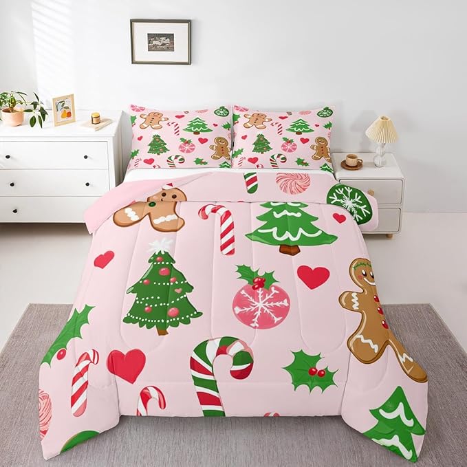 Feelyou Merry Christmas Kids Comforter Set Queen Size Gingerbread Man Bedding Set Christmas Decor Duvet Quilt for Kids Boys Girls Bedroom New Year Gift Decor Microfiber Ultra Soft Breathable