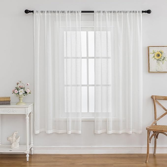Off White Sheer Curtains 72 Inches Long 2 Panels, 50 Inches Width, Linen Look Transparent Curtain, Rustic Textured Light Filtering Drapes, Rod Pocket Window Treatments