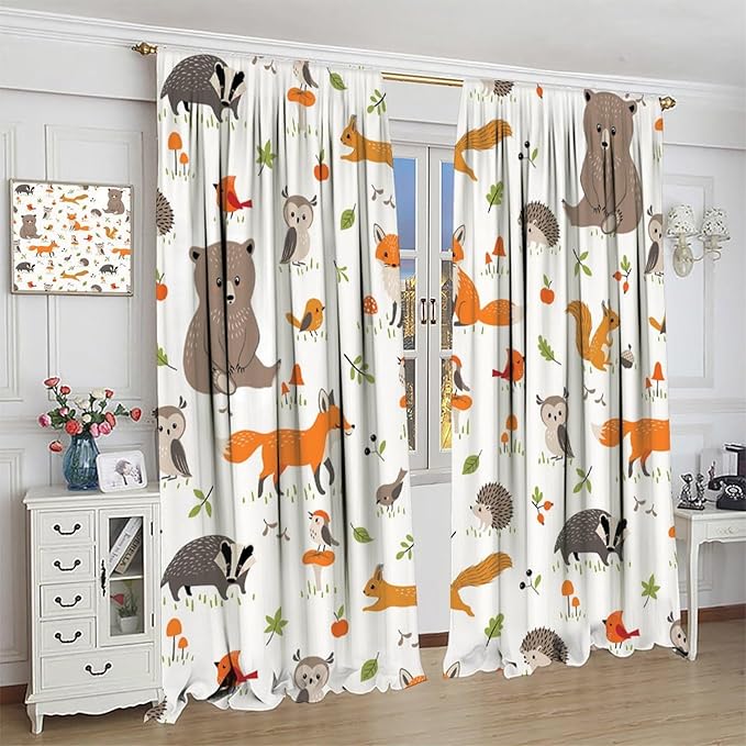 Forest Animal Curtains for Kids, Cartoon Safari Woodland Animals Window Treatments Cute Wild Jungle Bear Fox Deer Bear Window Drapes for Girls Boys Nursery Toddler Bedroom 55x63in