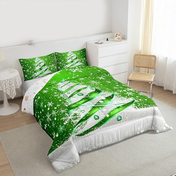 Feelyou Merry Christmas Comforter Set All Season Christmas Tree Bedding Set with 1 Pillow Cases Snowflake Microfiber Kids Toddler Bedclothes Winter Bedroom Decor Duvet Quilt Breathable Soft