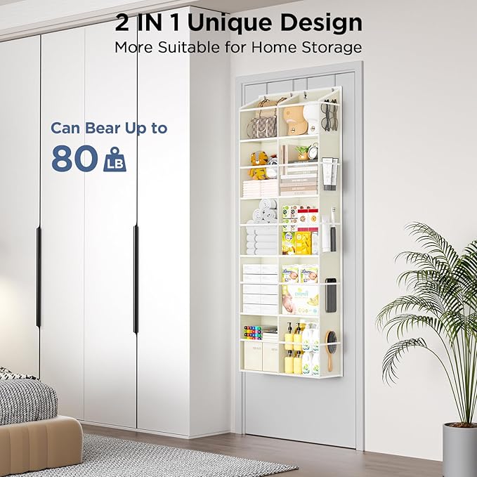 PureSpace 5-Tier Over The Door Organizer with 10 Side Mesh Pockets & Clear Windows, 80 lb Weight Capacity Hanging Storage for Bathroom, Bedroom, Nursery, Kitchen, Organizer Toys (Beige Clear wind)