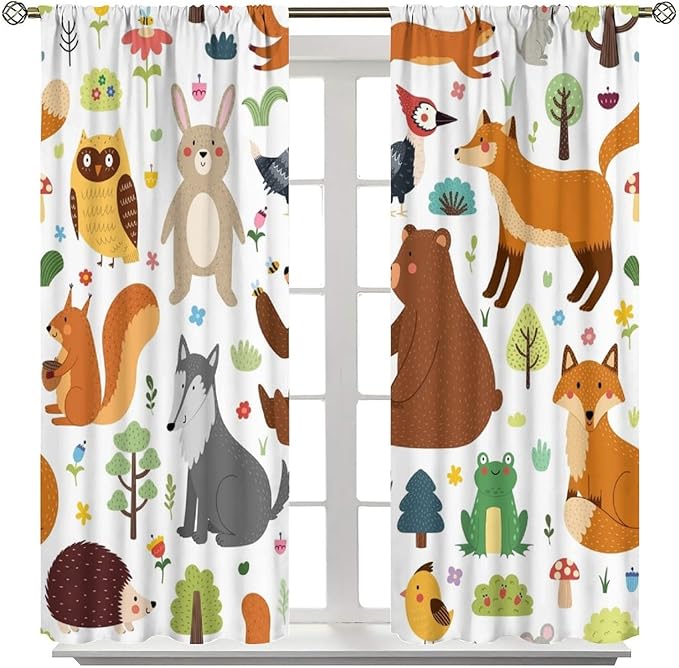Kids Safari Animals Curtains, Baby Boy Girl Rustic Woodland Printed Cartoon Forest Window Treatments for Bedroom Living Room Nursery 2 Panels Sets, 42x63 Inch