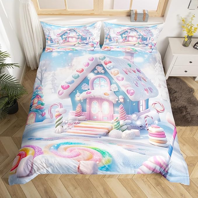 Manfei Christmas Kids Duvet Cover Set Twin Size, Cute Candy Cabin Xmas Bedding Set for Boys Girls Room Decor, New Year Winter Comforter Cover, Soft Polyester Quilt Cover, 1 Pillowcase, No Comforter