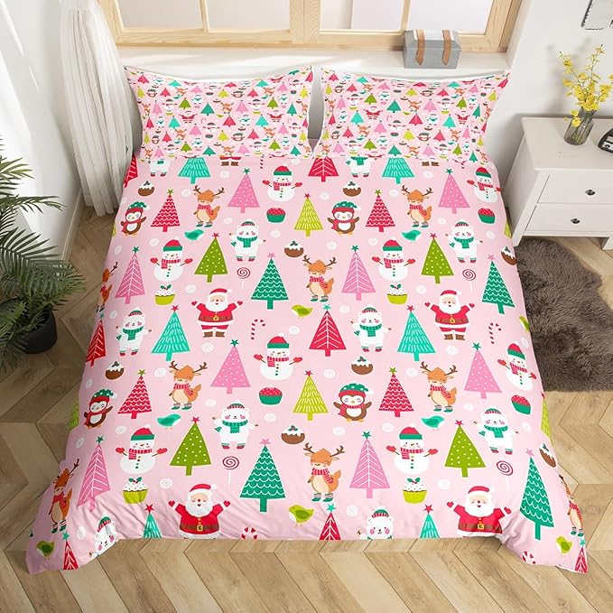 Christmas Bedding Set for Kids Boys Girls Cute Santa Claus Deer Comforter Cover Set Pink Christmas Tree Duvet Cover Bedroom Decor Kawaii Xmas Theme Bedspread Cover Queen Size Bedding Collection 3Pcs