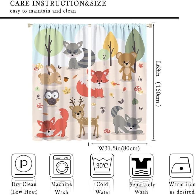 Kids Cartoon Forest Animal Curtains, Cute Woodland Animal Window Treatments for Bedroom Wildlife Fox Bear Deer Bunny Bird Blackout Window Drapes for Girls Boys Nursery Toddler Playroom 63x63in