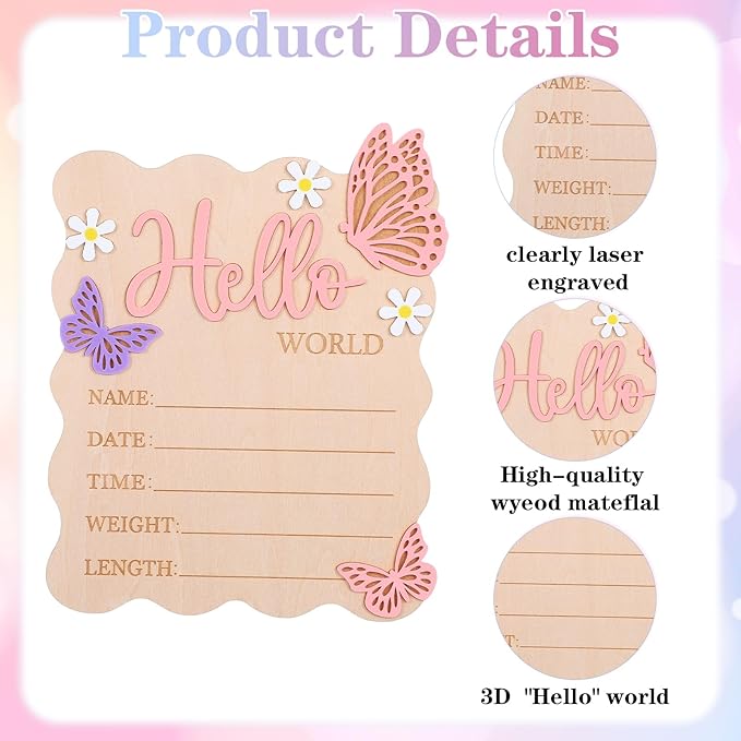 Welcome Baby Sign, Hello World Newborn Sign, Pink Baby Name Announcement Mark, Butterfly Chrysanthemum Birth Announcement Signs for Girls And Boys in Hospitals, Nursery And Family Use.