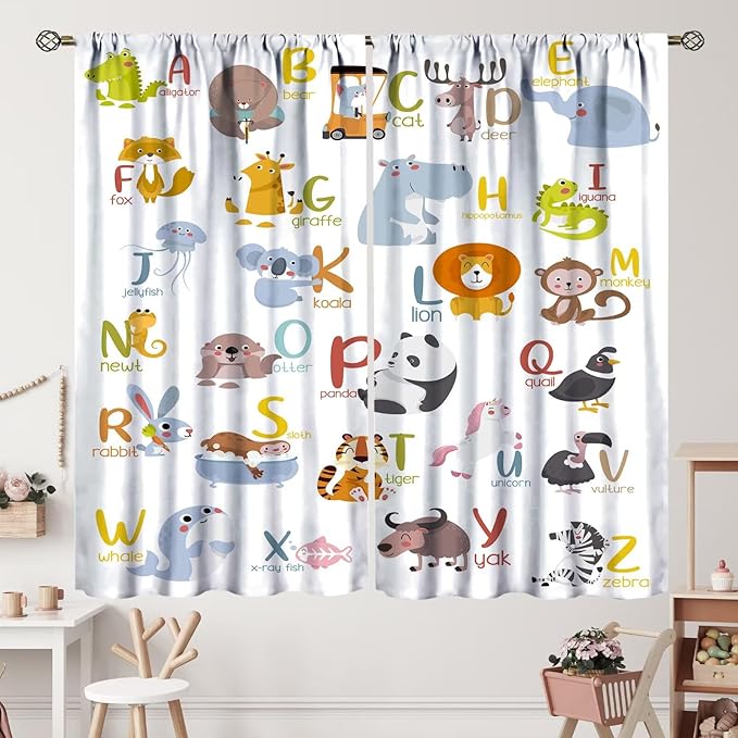 Kids Alphabet Curtains Funny Cartoon Educational Learning Cute Animal Zebra Curtain with Rod Pocket for Bedroom Living Room Decor Drapes Window Treatments 2 Panels Set 42" W X 54" L