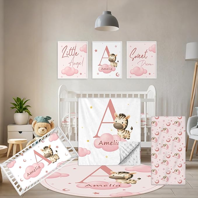 Personalized Baby Crib Bedding Set, 5 Pcs Custom Name Nursery Bedding Set, Pink Zebra Baby Bedding Set for Girls Boys, Double Layer Crib Sets, Customized Gifts for Infants Toddlers New Parents