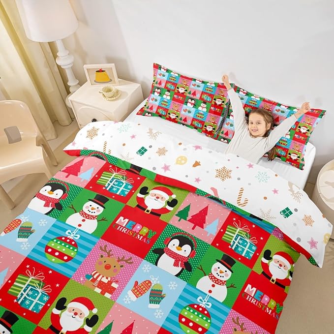 Christmas Bedding Set for Kids Boys Girls Santa Claus Christmas Tree Comforter Cover Set Colorful Geometric Grid Duvet Cover Bedroom Decor Xmas Theme Bedspread Cover Toddler Bedding Collection 2Pcs