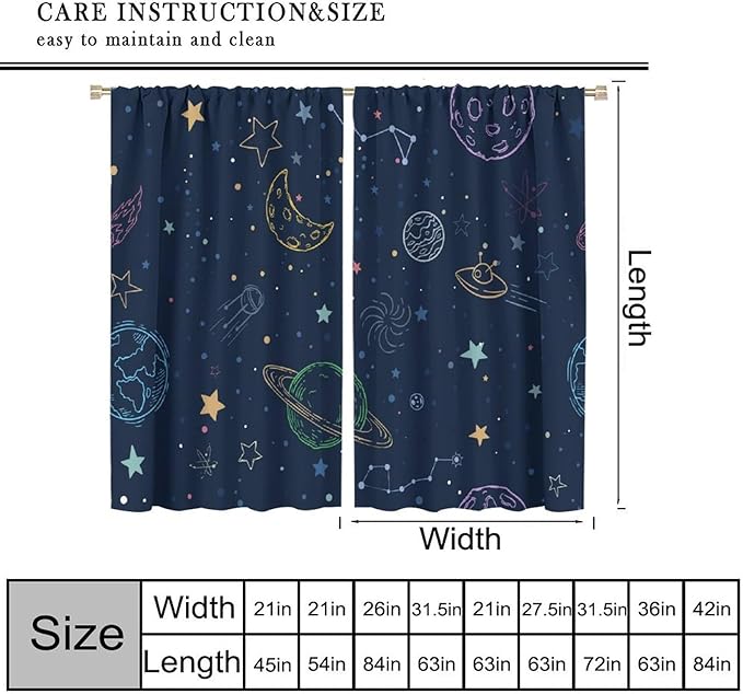 Navy Blue Space Curtains, Cartoon Outer Space Stars Planets Theme Galaxy Curtains for Kids Teens Bedroom Nursery Toddlers Room Decor 42" W X 45" L
