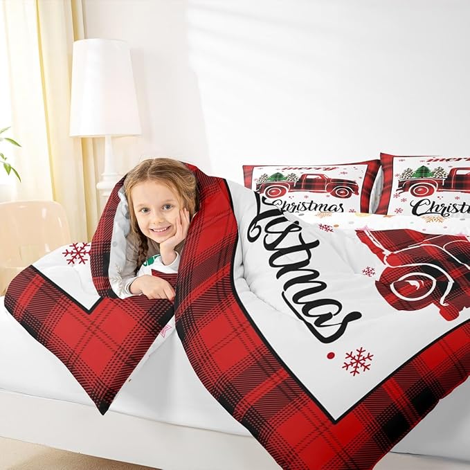 Manfei Xmas Truck Comforter Set Full Size, Christmas Tree Snowflake Print Bedding Set 3pcs for Kids Boys Girls Bedroom Decor, New Year Theme Red Plaid Print Quilt Set with 2 Pillowcases