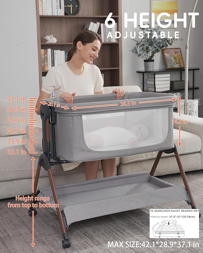 Baby Bassinet - Bassinet Bedside Sleeper,3-in-1 Bedside Bassinets for Baby,Rocking Bassinet with Comfy Mattress,Wheels,Breathable Mesh& Storage,6 Height Adjustable Crib,ASTM Certified(Grey)