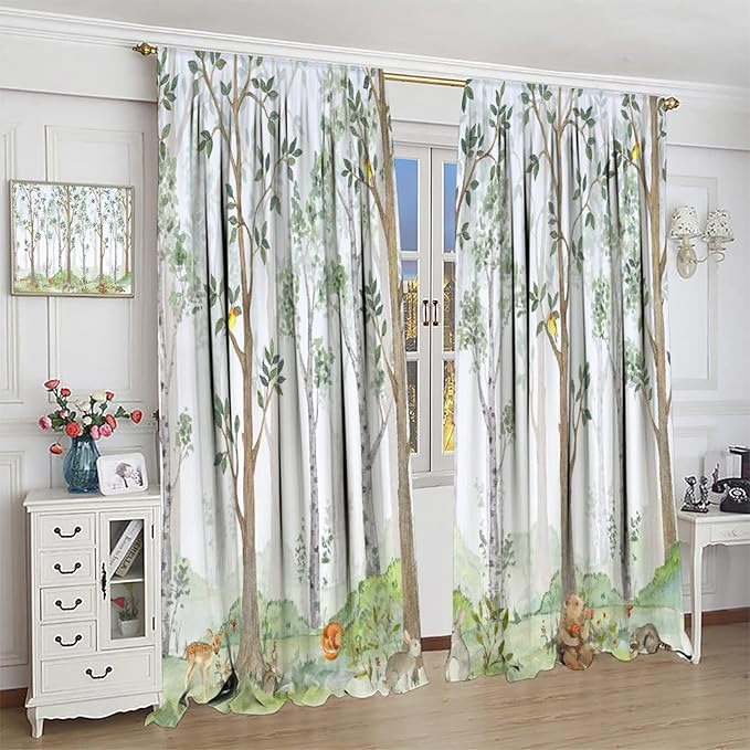 Kids Animal Curtains, Watercolor Natural Forest Animal Hedgehog Fox Butterfly Rabbits Forest Print Curtain Boys and Girl Bedrooms 84x84in