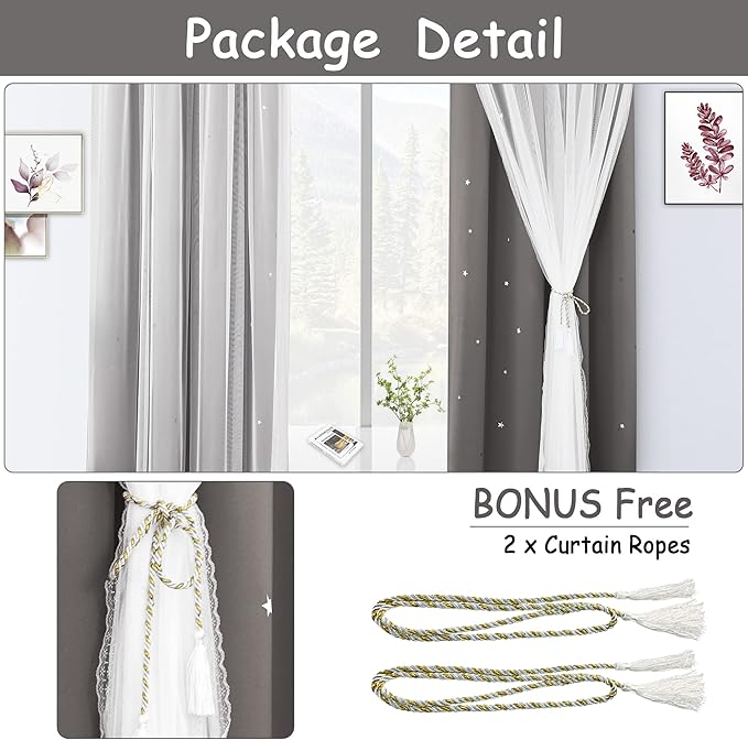 Kinryb Blackout Curtains for Girl Bedroom/Living Room/Classroom, Sheer Overlay 63 Inches 2 Panel Set, Double Layer Curtains with Star Cutout for Kids Room(W 52 x L 63 Inches,Grey 2 Pcs)