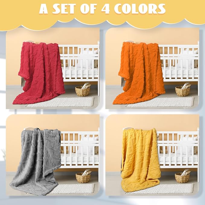 VitalCozy 4 Pcs Soft Fleece Baby Blankets Set 30" x 40" 3D Plush Warm Nursery Swaddling Bed Blanket Little Boys Girls Infant Toddlers and Newborn Receiving Gifts Blankets(Orange Set)