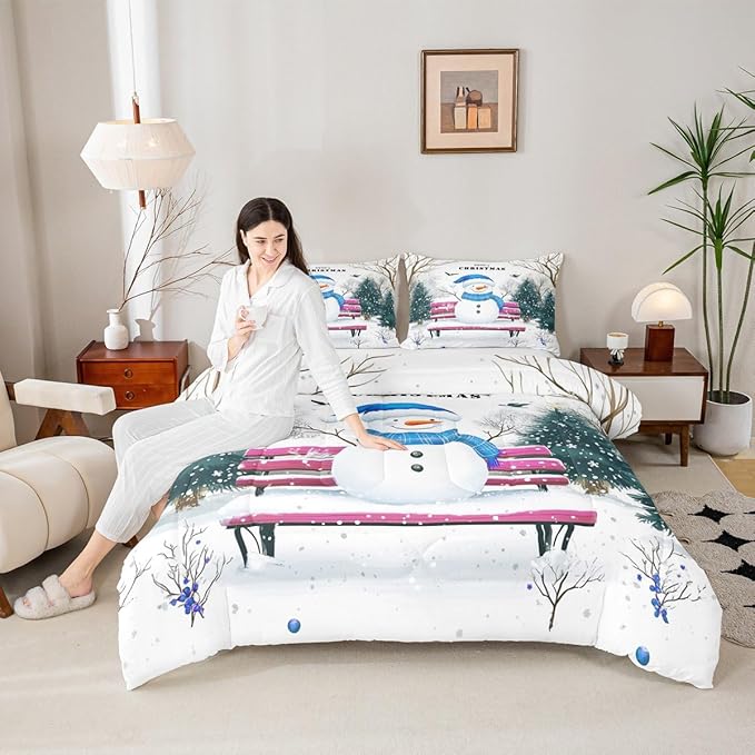 Feelyou Merry Christmas Bedding Set Soft for Boys Girls, Cute Snowman Comforter Set Toddler Size Snowflake Duvet Quilt Microfiber Christmas Tree Bedroom Decor 2 Pcs with 1 Pillow Cases