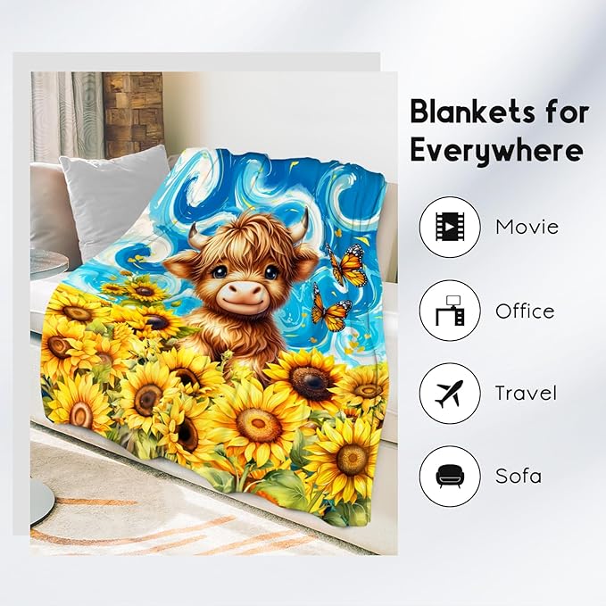 Kids Blanket - Highland Cow Blankets for Teens/Women - Flannel Soft Sunflower Throws for Bed Office - 60"x80"