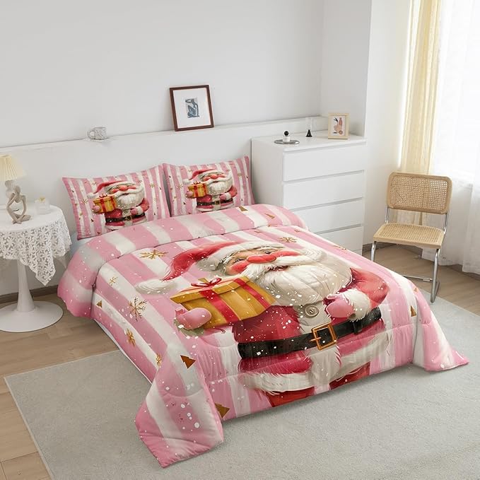 Cartoon Santa Claus Comforter Set Twin Size,Merry Christmas Snowflake Bedding Set for Kids Boys Girls Room Decor,Red Pink Stripes Quilt Set 2Pcs,Xmas Theme Microfiber Duvet Insert,1 Pillowcase