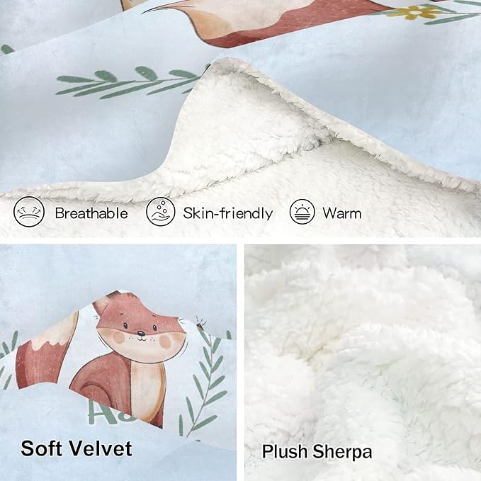 Cute Fox Blue Personalized Receiving Sherpa Fleece Baby Blankets for Girls Boys Kids, Swaddle Blankets Gift for Newborn Crib Infants 30x40 Inches