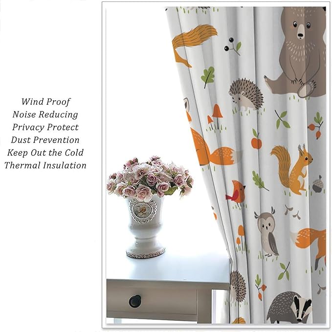 Forest Animal Curtains for Kids, Cartoon Safari Woodland Animals Window Treatments Cute Wild Jungle Bear Fox Deer Bear Window Drapes for Girls Boys Nursery Toddler Bedroom 42x45in