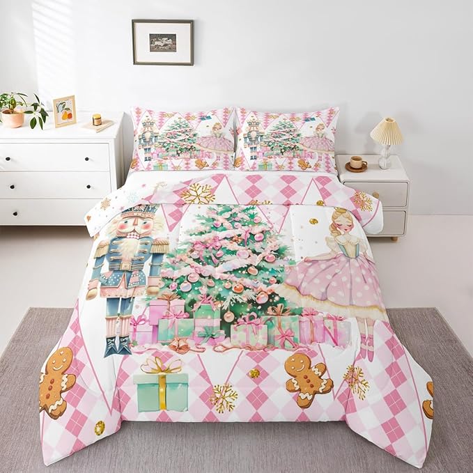 jejeloiu Christmas Nutcracker Comforter Set Queen Size Gingerbread Man Bedding Set for Kids Boys Girls Xmas Tree Duvet Quilt White Pink Bedroom Decor