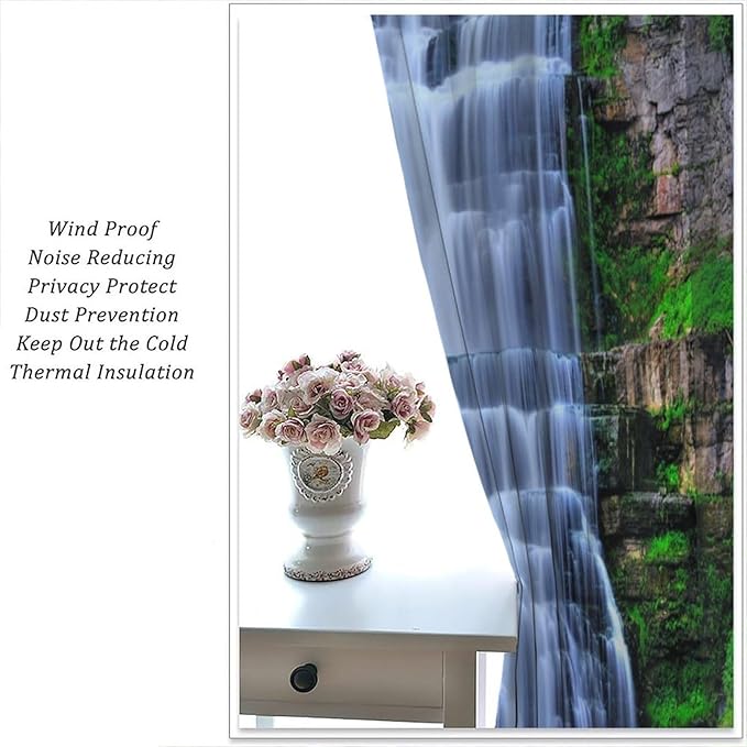 Nature Scenery Waterfall Blackout Curtains, Forest Waterfall Landscape Green Jungle Stone Falls Print Pattern Rod Pocket Window Drapes, for Bedroom Living Room 63" W X 72" L
