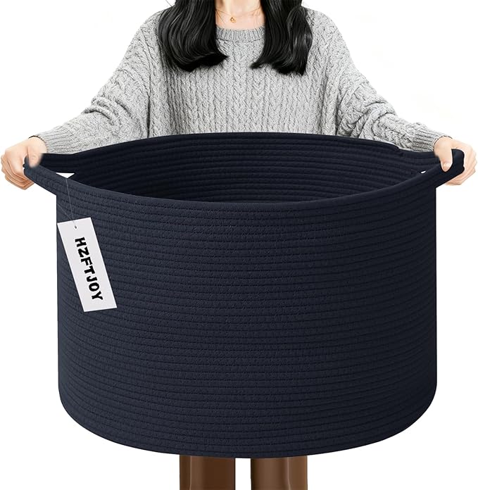 Large Blanket Basket for Organizing,65L Closet Organizers and Storage Bins Box for Shelves Woven Rope Storage Baskets,Living Room,Bedroom,Dorm,Laundry room (Navy)