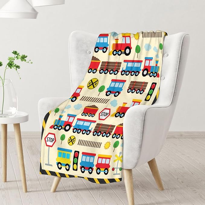 Train Blanket for Train Lovers - 50" x 60" Inches Warm Cozy Throw Blanket Gift - Yellow Cute Throw for Sofa, Work, Living Room