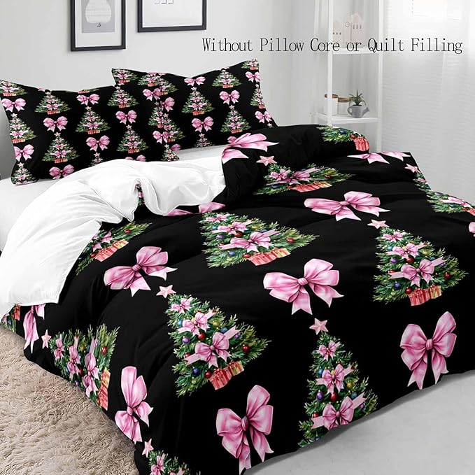LUVIVIHOME 2PCS Christmas Tree Pink Bow Duvet Cover Twin Bedding Sets, Teen Girl Bedding, Black Duvet Cover, Bowknot Xmas Tree Winter Holiday Festival Coquette Christmas Comforter Cover, 1 Pillow Case