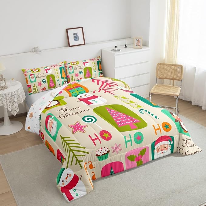 Erosebridal Xmas Decor Quilts Kids Santa Claus Christmas Tree Comforter Set Boys Girls Bedroom, Cartoon Snowflake Bedding Set Cute Snowman Down Comforter King Size