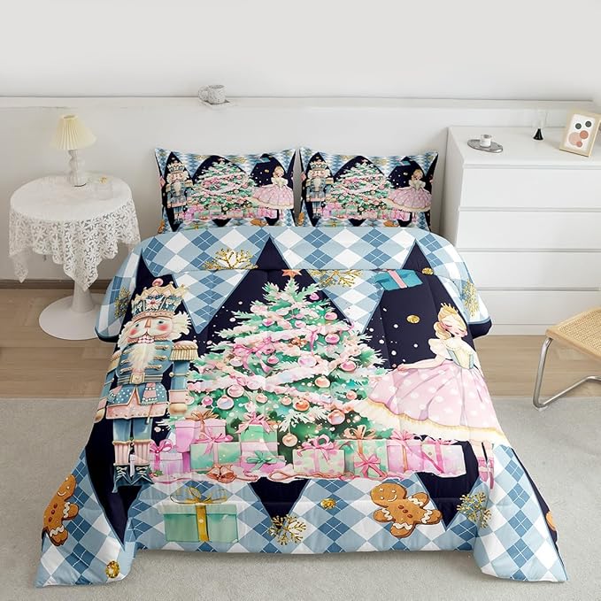 jejeloiu Christmas Nutcracker Comforter Set Twin Size Gingerbread Man Bedding Set for Kids Boys Girls Xmas Tree Duvet Quilt Dark Blue Bedroom Decor