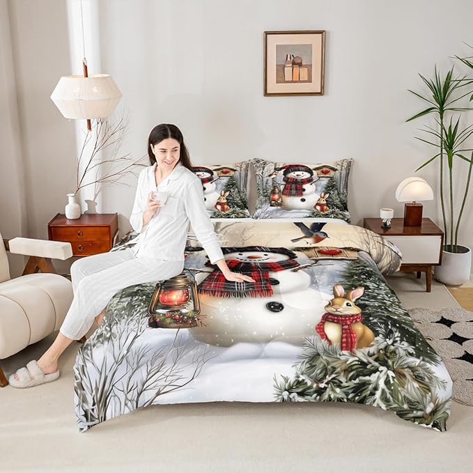 Kawaii Snowman Kids Bedding Set King Size,Rabbit Bird Winter Poinsettia Comforter Set,Pine Tree Xmas Animal Snowflake Quilt Comforter,Gray Green Bedroom Duvet Insert,2 Pillowcases