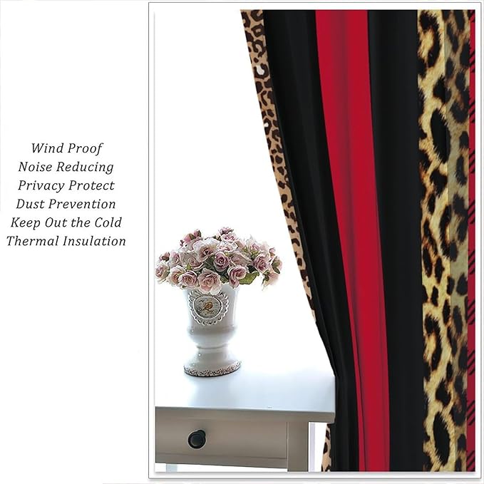 Leopard Skin Blackout Window Curtains, Brown Cheetah Red Black Plaid Stripe Print Window Drapes for Kids Boy Girls Bedroom Living Room 63" W X 63" L