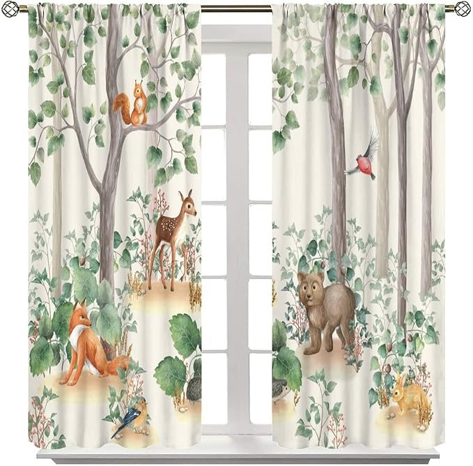 Forest Animal Curtains,Fox Elk Bird Animal Watercolor Woodland Print Curtains Kids Nursery Bedroom Living Room Home Decoration 63x72in