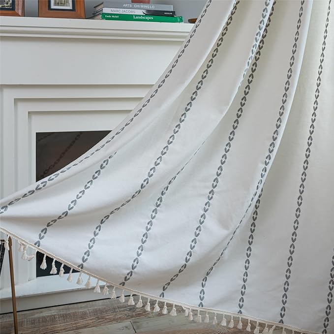 Deeprove Light Gray Boho Curtains 96 inches Long for Bedroom, Vintage Privacy Bohemian Embroidery Light Filter Cotton Linen Stripes French Country Tassel Window Treatments Decor, W52 x L96, 1 Panel