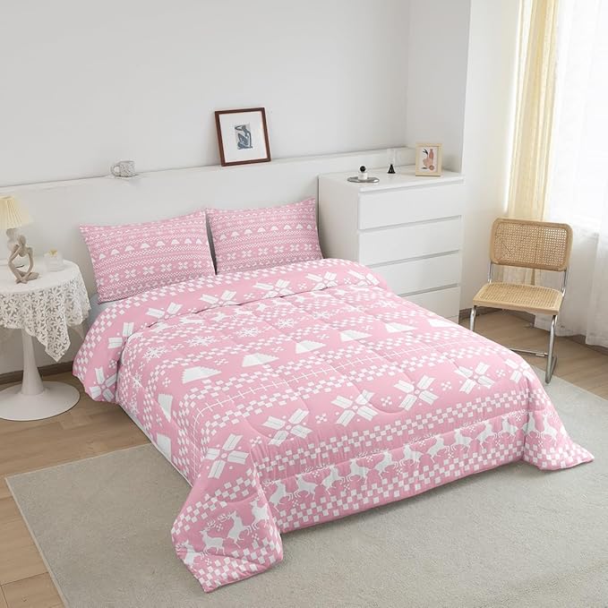 Feelyou Pink Christmas Bedding Set for Kids Boys Girls Twin Size Xmas Deer Elk Decor Comforter Set Ultra Soft Winter Comforter Snowflake Duvet Quilt Bedroom Decor Christmas Ornaments Quilt